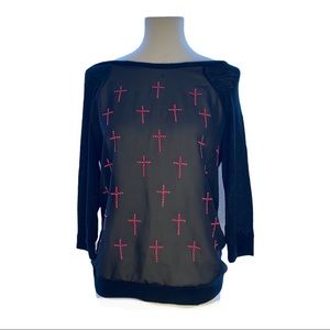 Wet Seal Black 3/4 sleeve pink cross shirt (S)